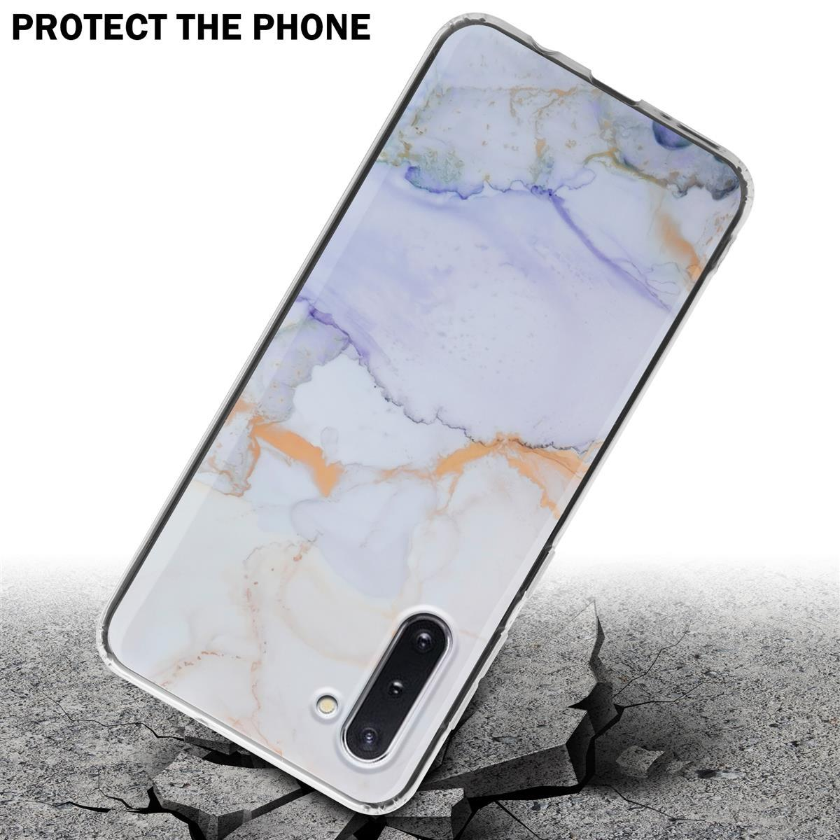 Custodia del telefono con un motivo marmoreo, appoggiata su una superficie, con la scritta: Proteggi il telefono.