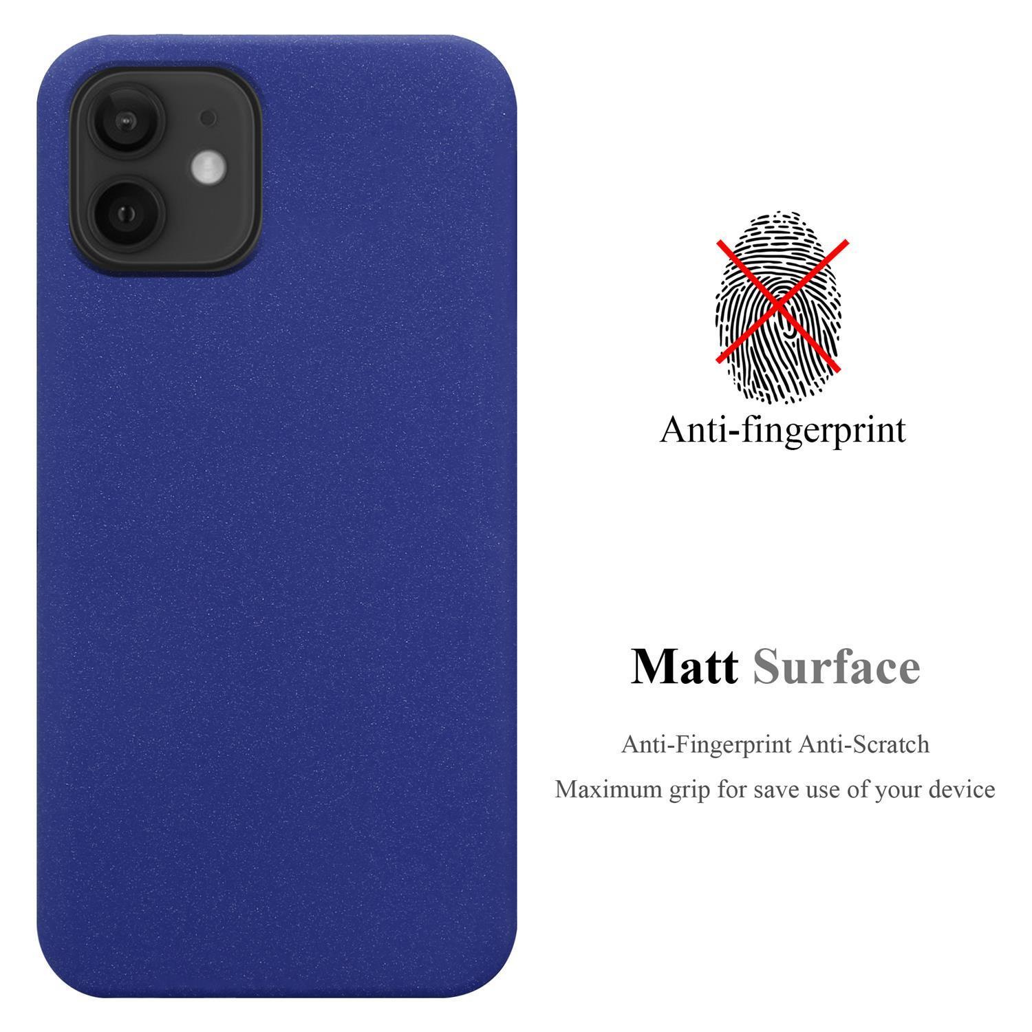 Custodia per telefono blu navy con la scritta 'Superficie opaca' e un'icona anti-impronte.