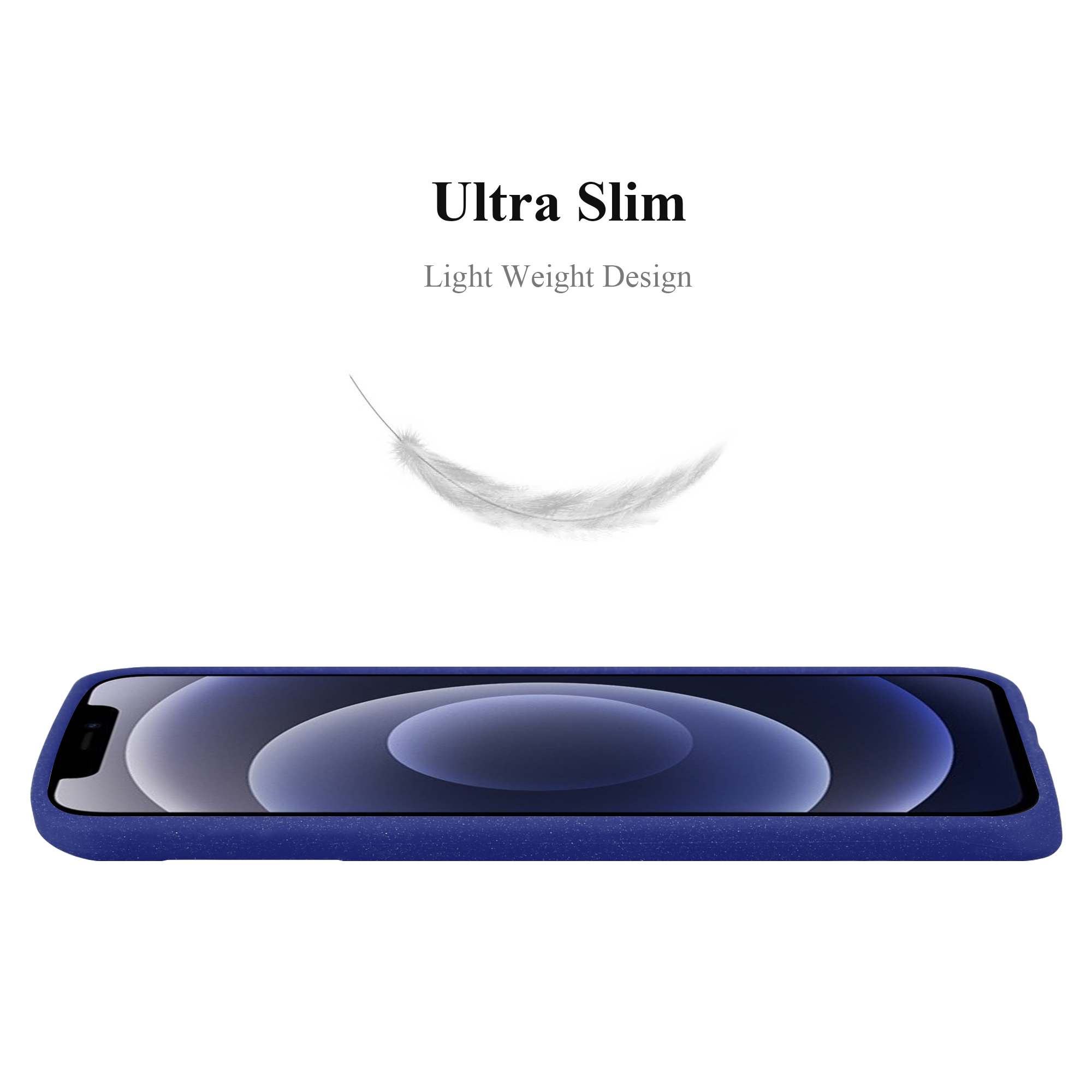 Custodia blu con una piuma. Il testo recita "Ultra Slim" e "Light Weight Design". Sfondo bianco.