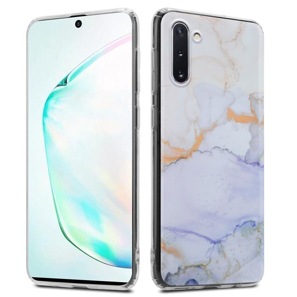Due custodie per telefono, una con un telefono dentro. Design in marmo bianco, dettagli arancioni e viola.