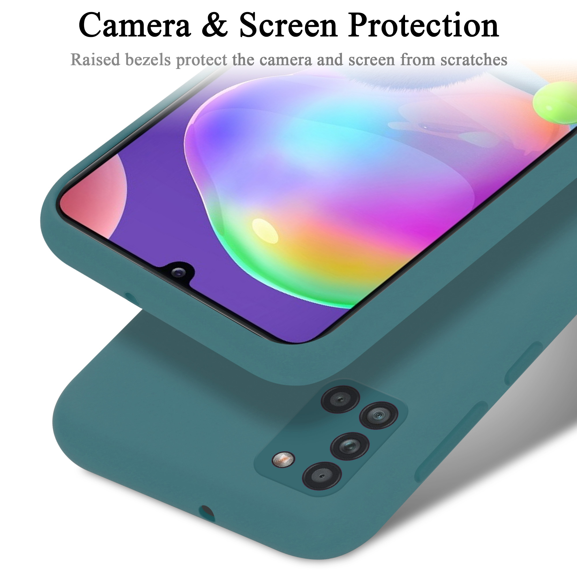 Una custodia per telefono verde acqua con uno schermo che mostra un'immagine colorata. Sfondo: bianco.