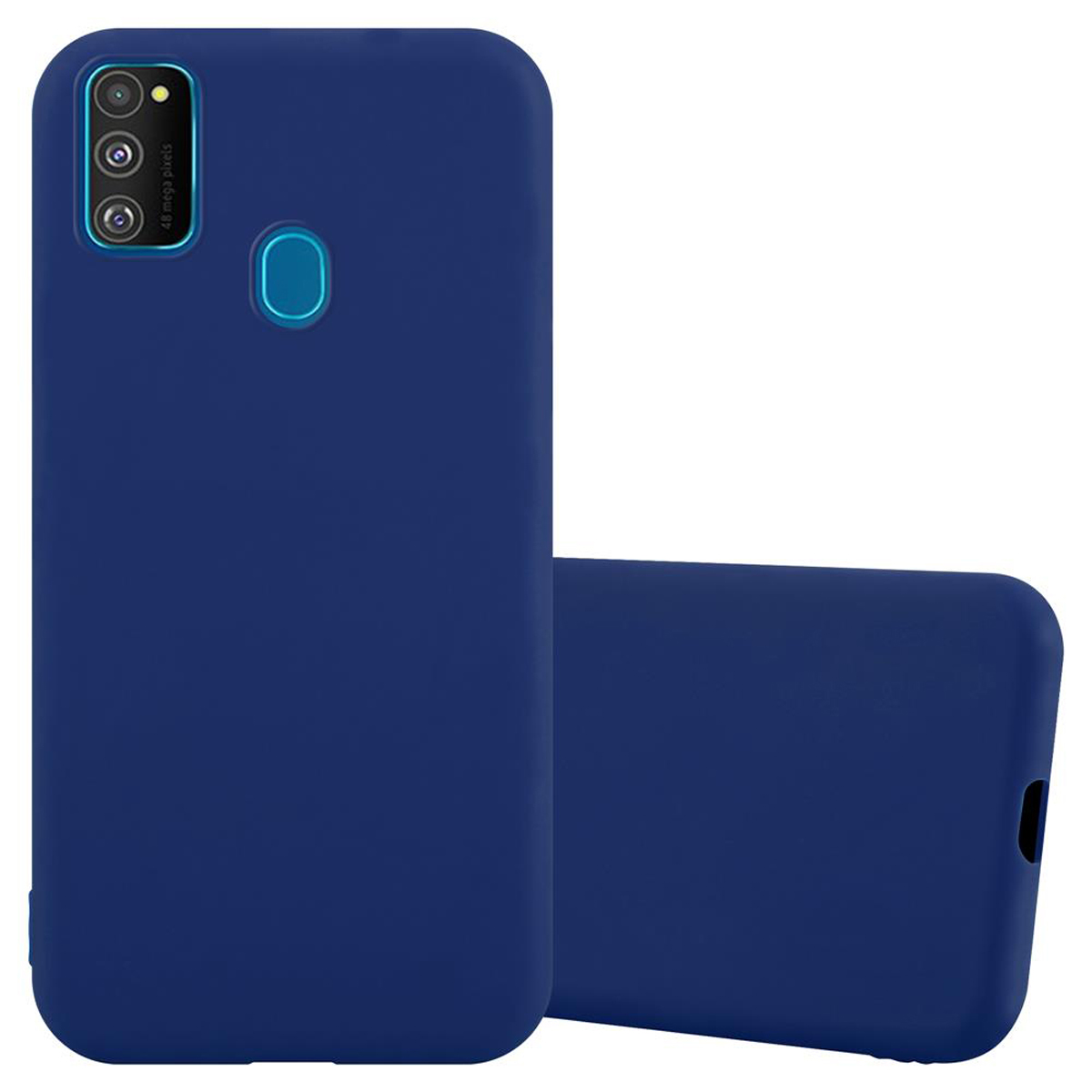 Zwei blaue Handyhüllen. Eine bedeckt ein Telefon, die andere liegt daneben.
