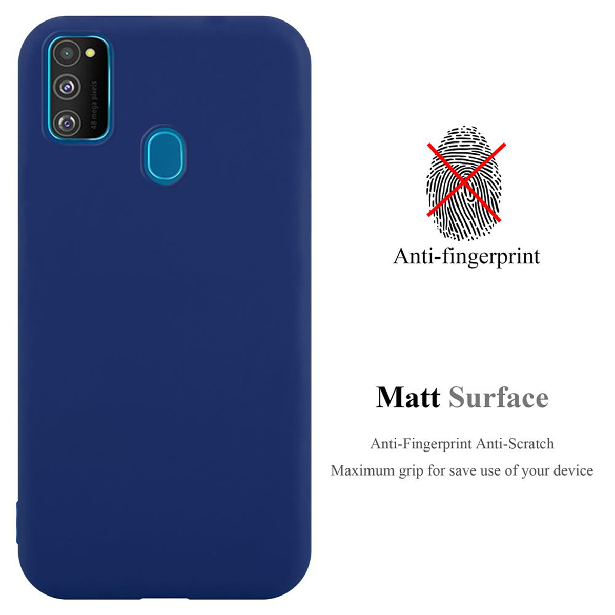 Marineblaue Handyhülle mit der Aufschrift 'Matt Surface' und einem Anti-Fingerabdruck-Symbol.