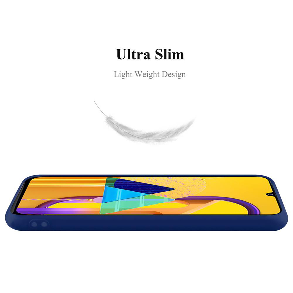 Blaue Handyhülle mit Telefon. Text: Ultra Slim, Light Weight Design.