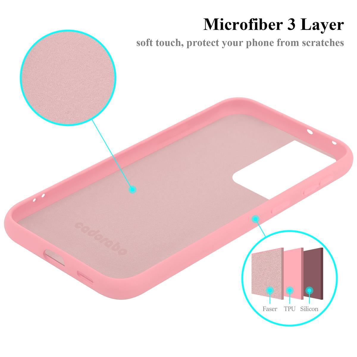 Innenseite der rosa Handyhülle. Ein Diagramm zeigt drei Schichten: Faser, TPU und Silikon.
