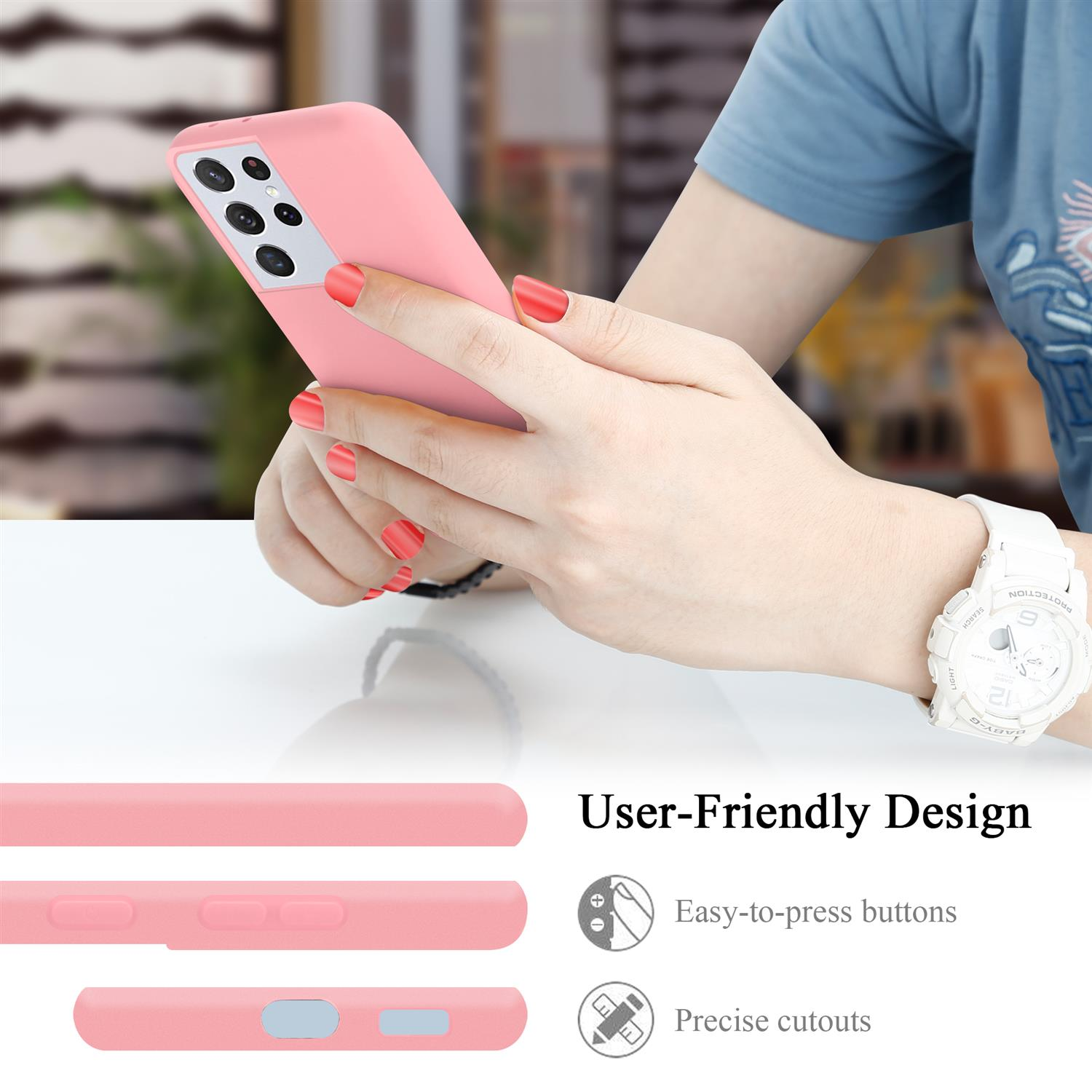 Hände halten ein rosa Telefon. Tasten und Aussparungen sind sichtbar. Text: "User-Friendly Design".