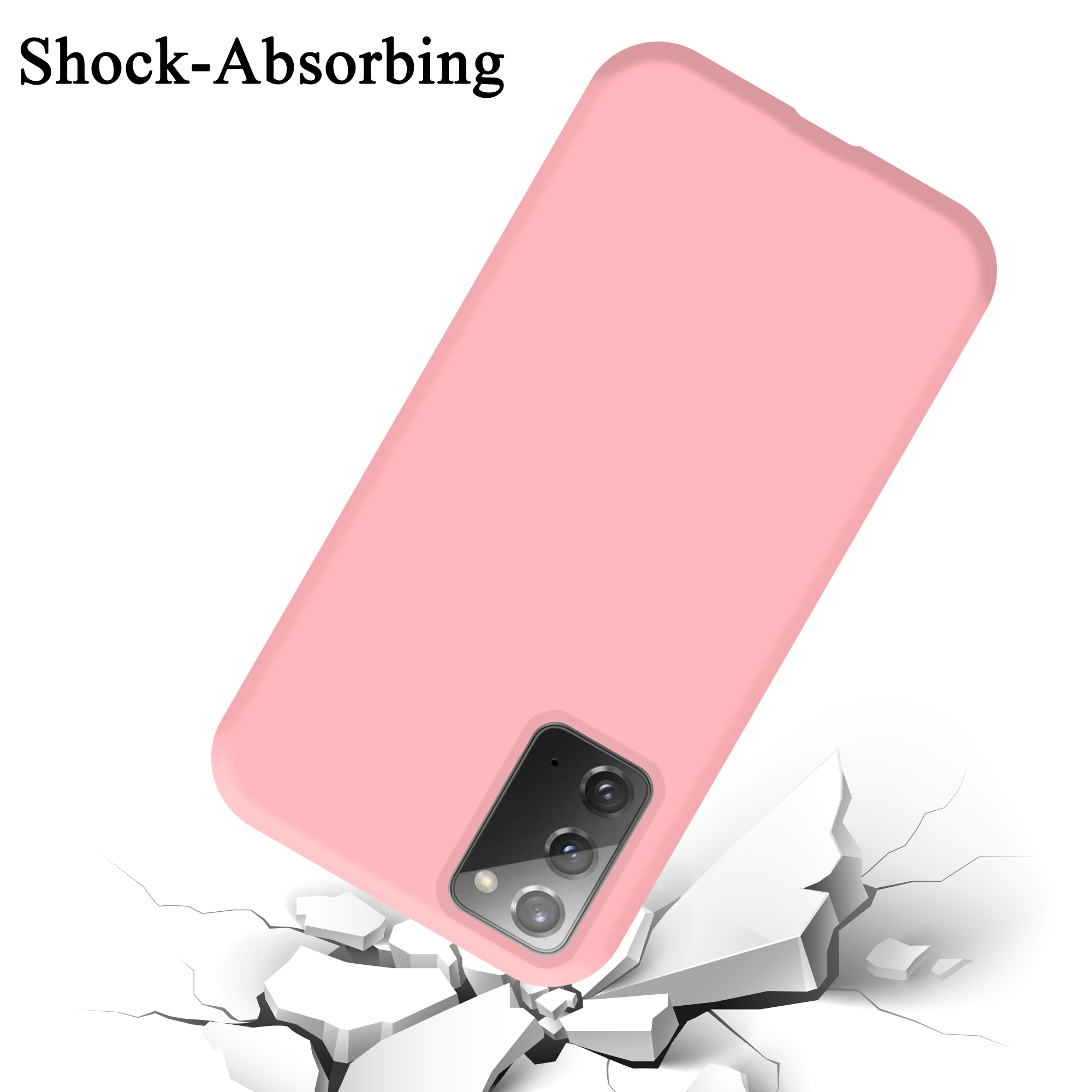 Eine rosa Handyhülle, die auf eine zerbrochene Oberfläche fällt. Die Hülle hat ein Telefon darin.
