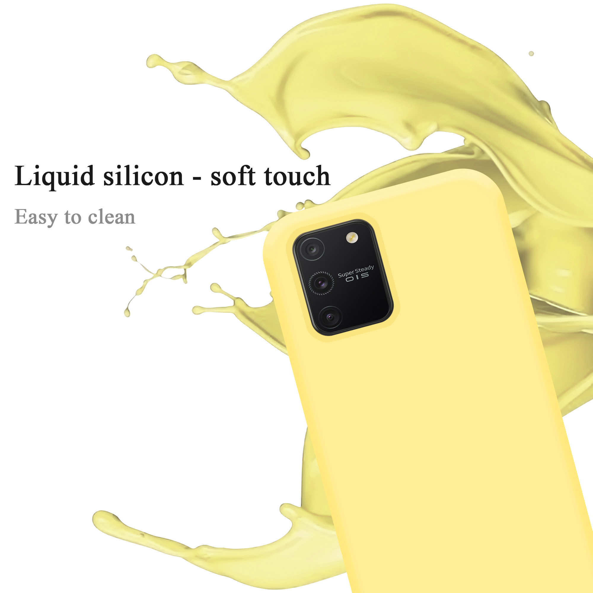 Gelbe Handyhülle mit schwarzem Kamerabereich. Der Hintergrund hat gelbe Spritzer. Text: 'soft touch'.