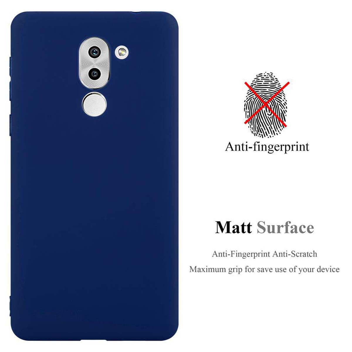 Blaue Handyhülle mit durchgestrichenem Fingerabdrucksymbol. Text: Anti-Fingerprint Matt Surface.