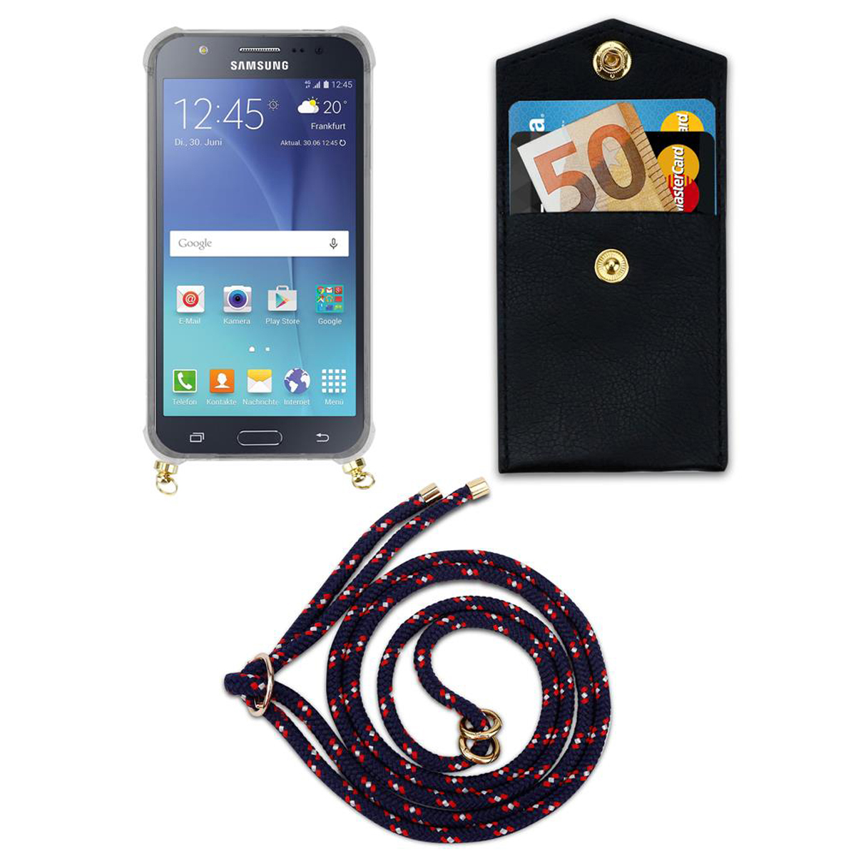 Un telefono con schermo che mostra un'interfaccia, un portafoglio nero e un cinturino per telefono.