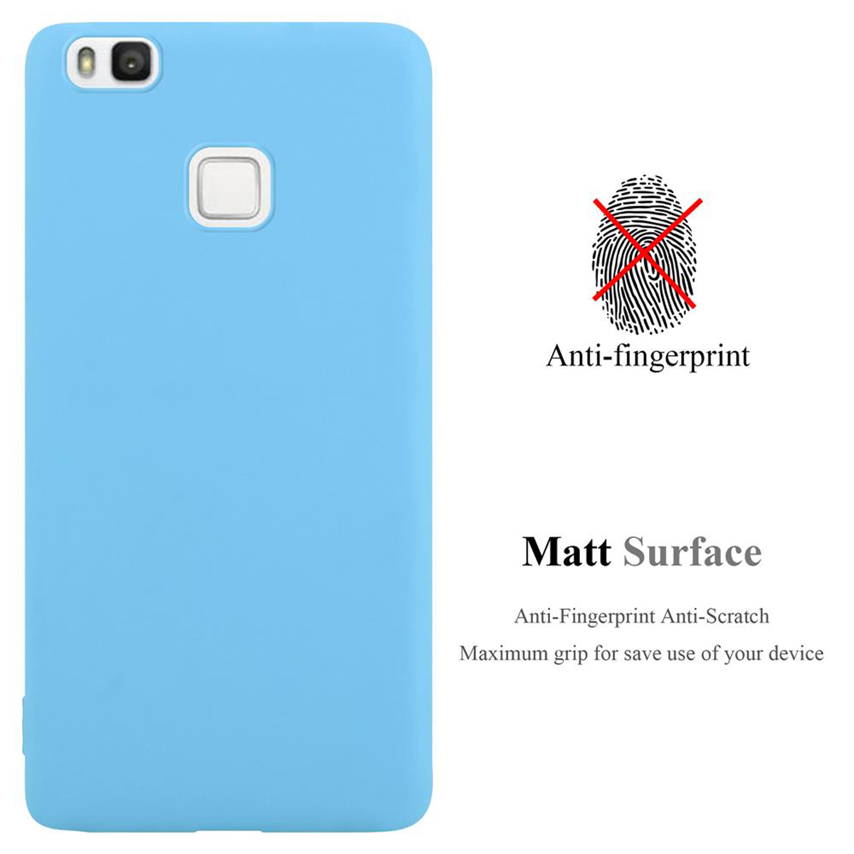 Funda de teléfono azul claro con diseño resistente a huellas dactilares. El texto dice 'Matt Surface'.