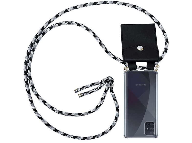 CADORABO Handy Kette mit Ringen, Gold und Backcover, 5G, Hülle, CAMOUFLAGE SCHWARZ A71 Band Galaxy Samsung, abnehmbarer Kordel