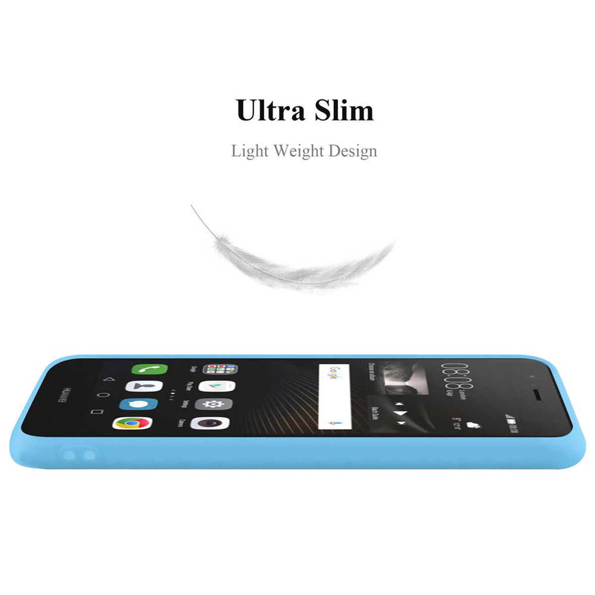 Funda de teléfono azul, fondo blanco. Texto: 'Ultra Slim Light Weight Design'. Teléfono de lado.