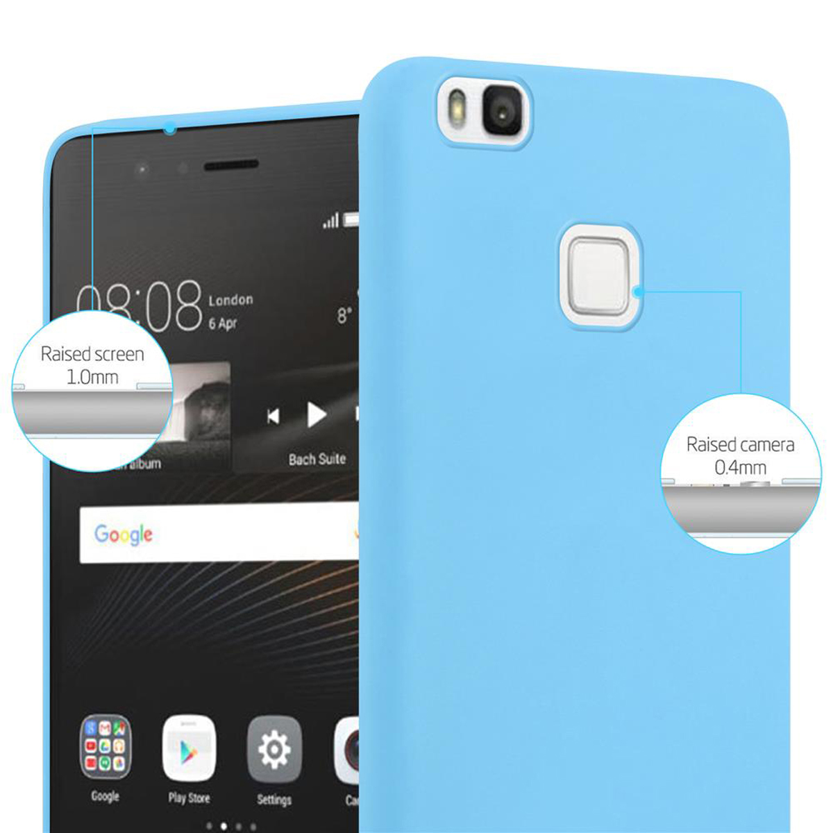 Funda azul claro, la pantalla muestra hora y aplicaciones. Detalles de pantalla y cámara elevados.