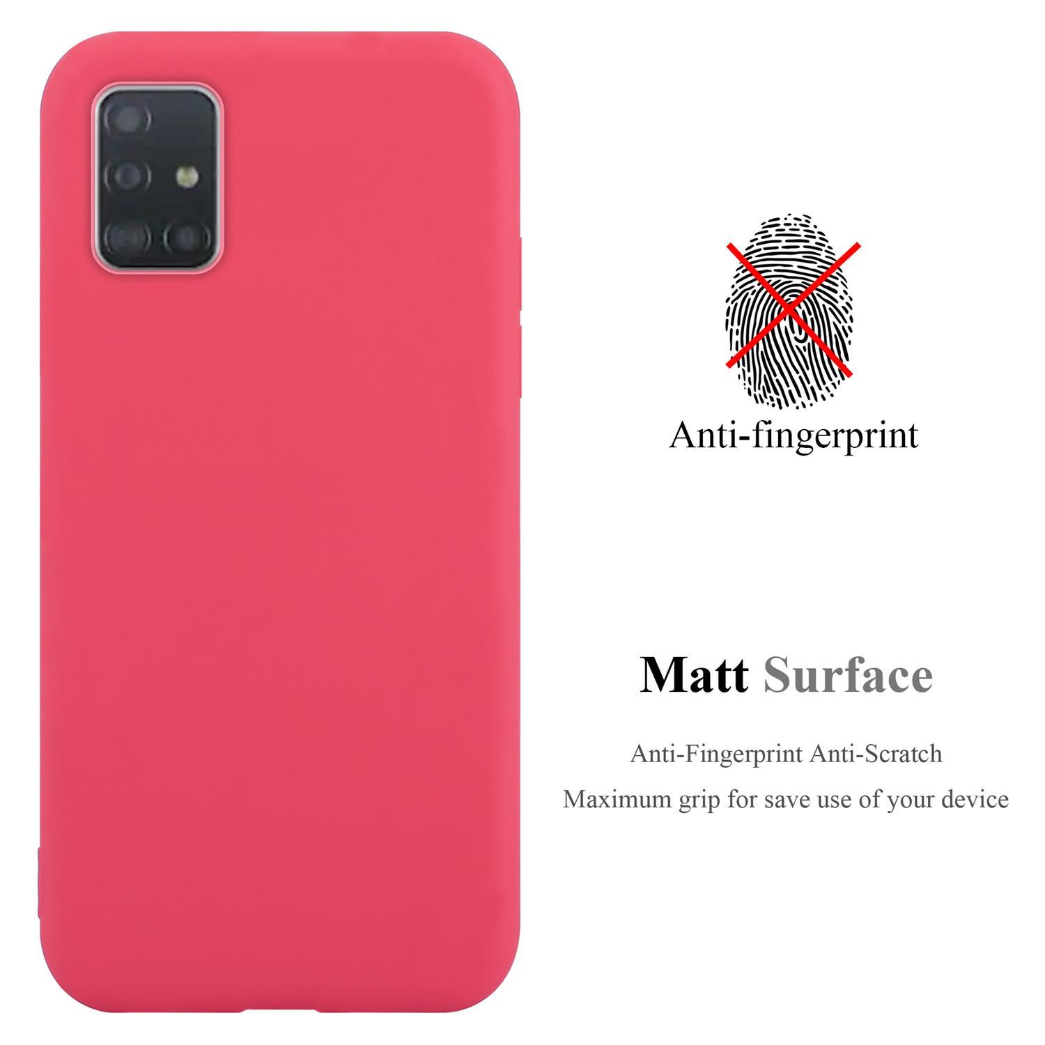 Custodia rossa per telefono con testo 'Anti-fingerprint' e simbolo di impronta digitale sbarrato. Testo: 'Matt Surface'.