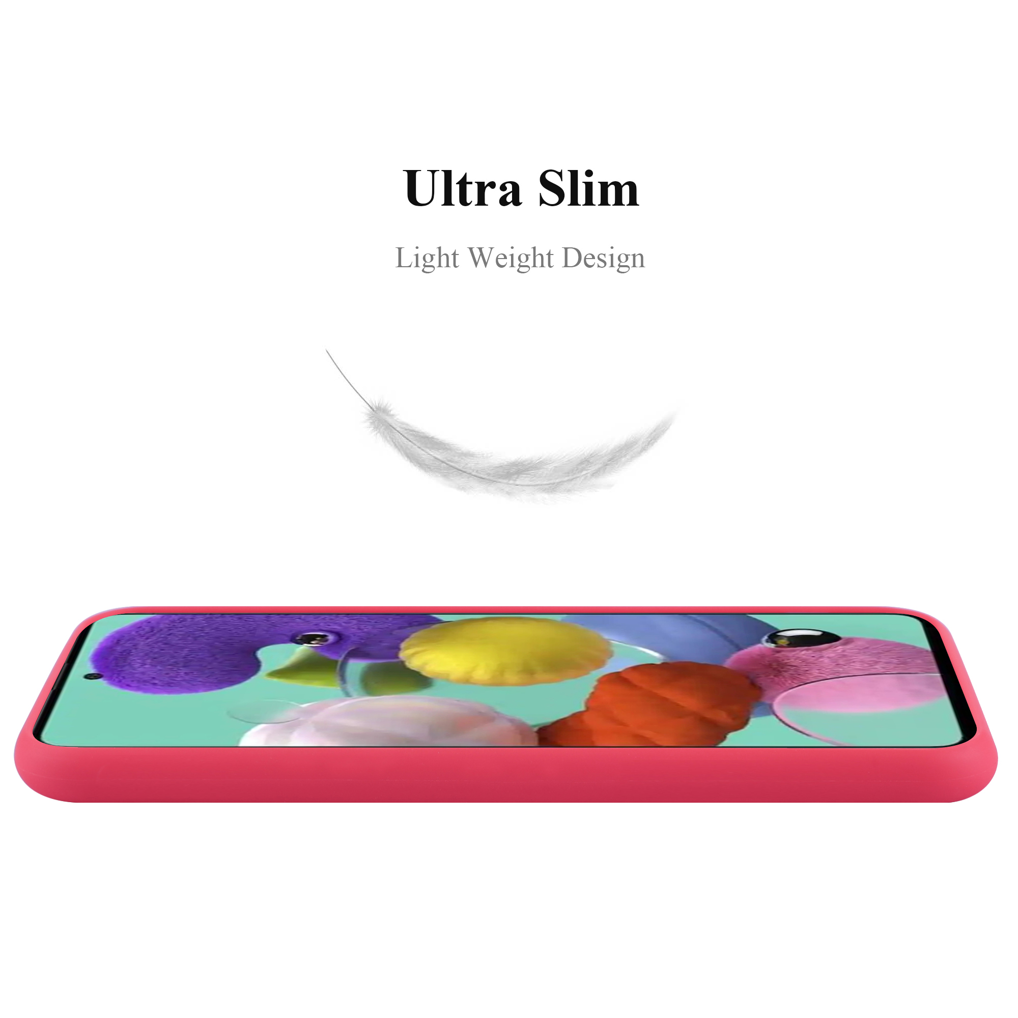 Custodia per telefono rosa con una piuma fluttuante sopra e testo: Ultra Slim, Light Weight.