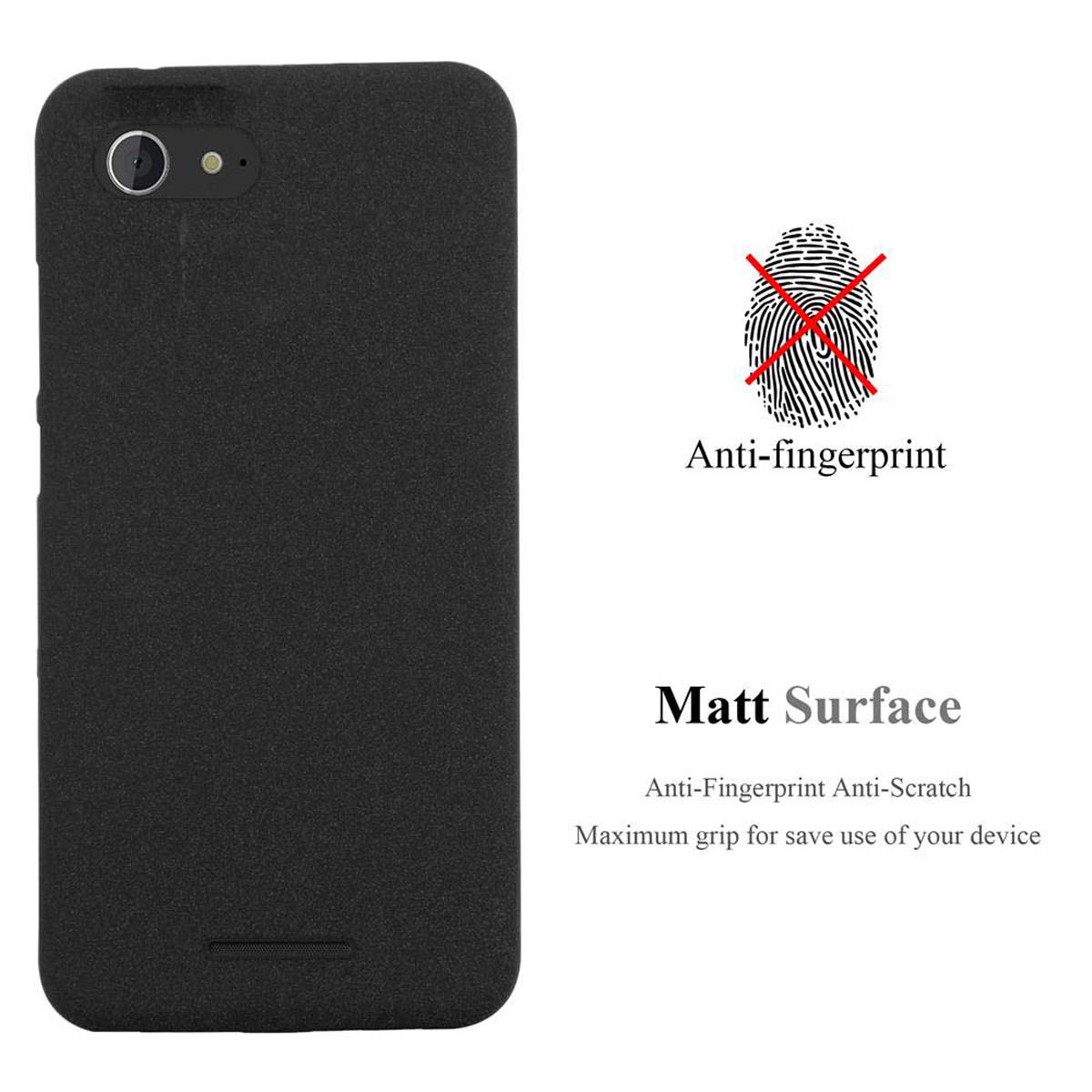 Funda de teléfono negra con cámara y flash, icono de huella dactilar con cruz y texto sobre agarre.