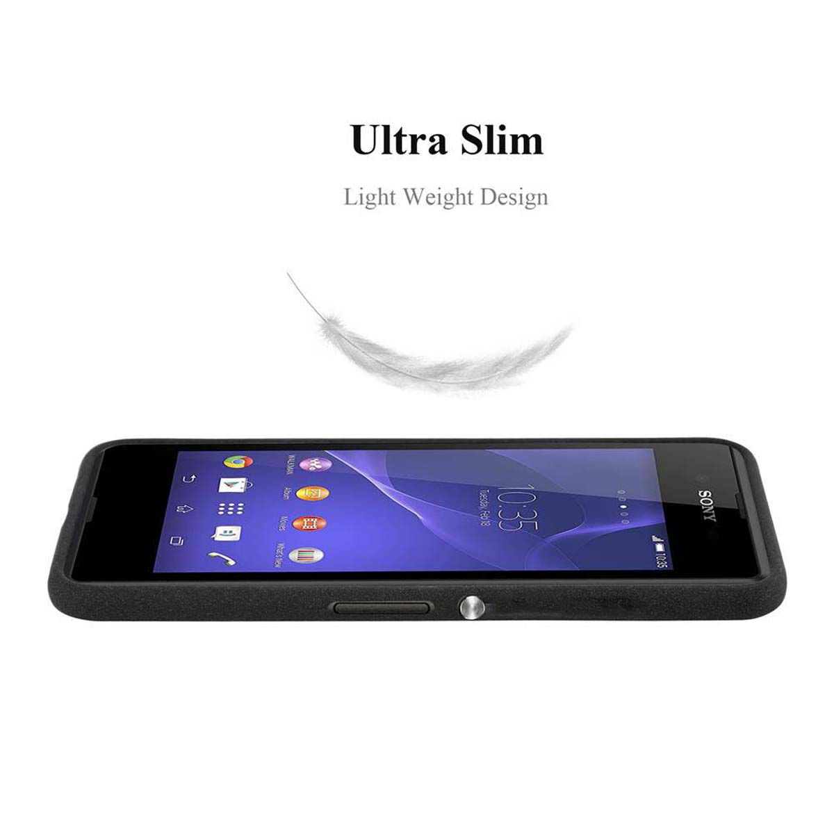 Un teléfono en una funda con una pluma flotando encima, sobre una superficie blanca. Es un diseño delgado.