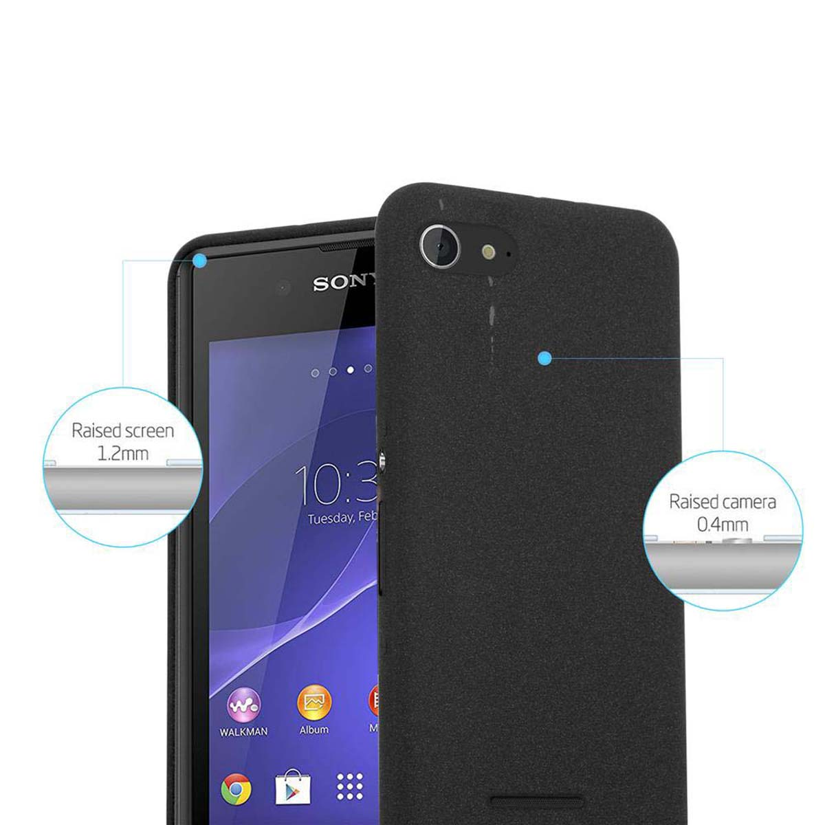 Una funda negra para teléfono en un teléfono. El teléfono muestra los detalles de protección de pantalla y cámara.