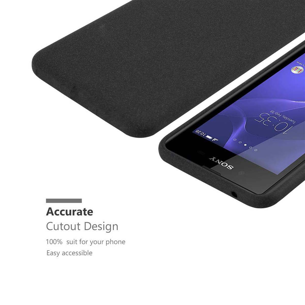 Funda de teléfono negra con diseño recortado. El teléfono está a la derecha.
