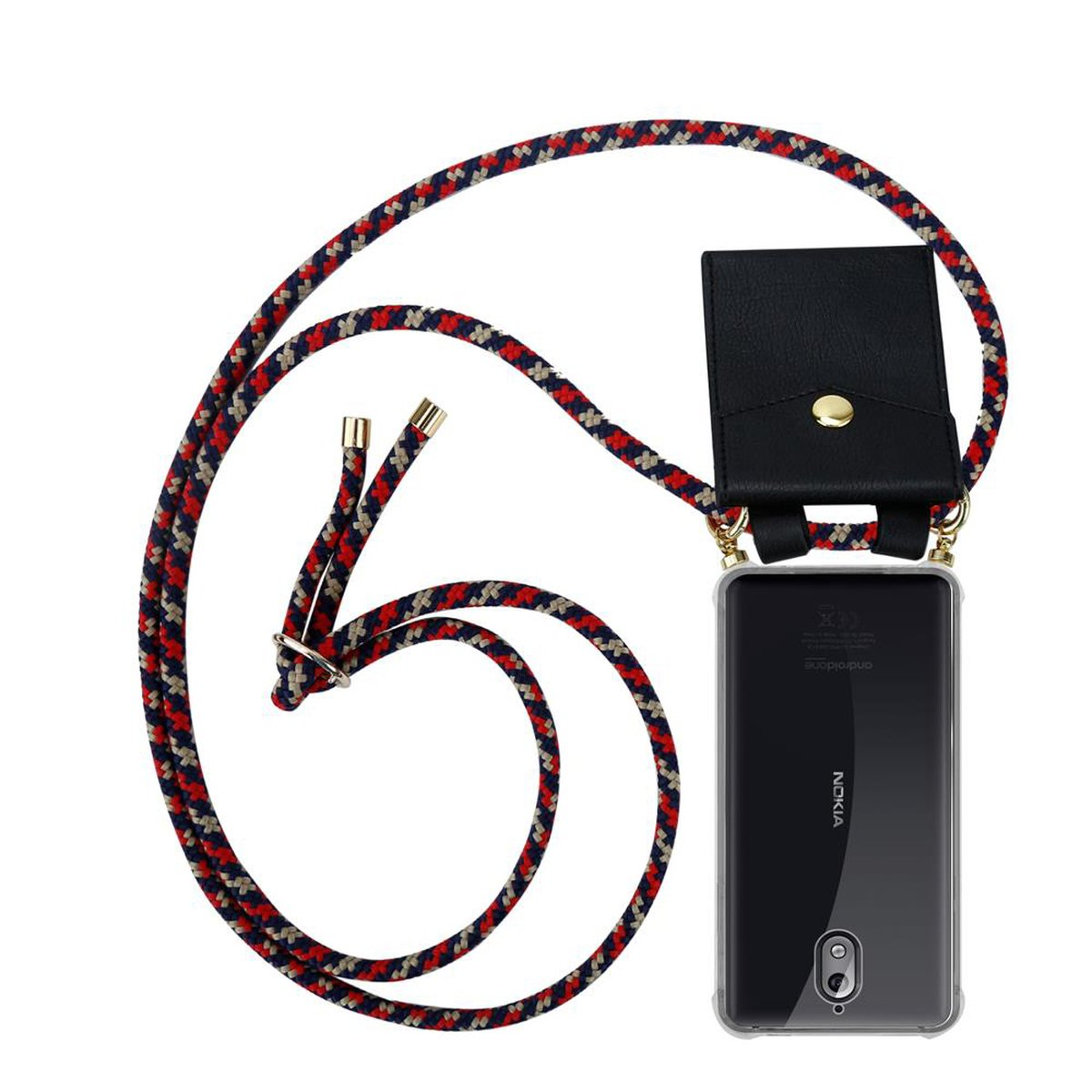 Telefon mit Lanyard, schwarzer Hülle, rot-navyfarbener Kordel, goldfarbenen Akzenten, weißem Hintergrund.