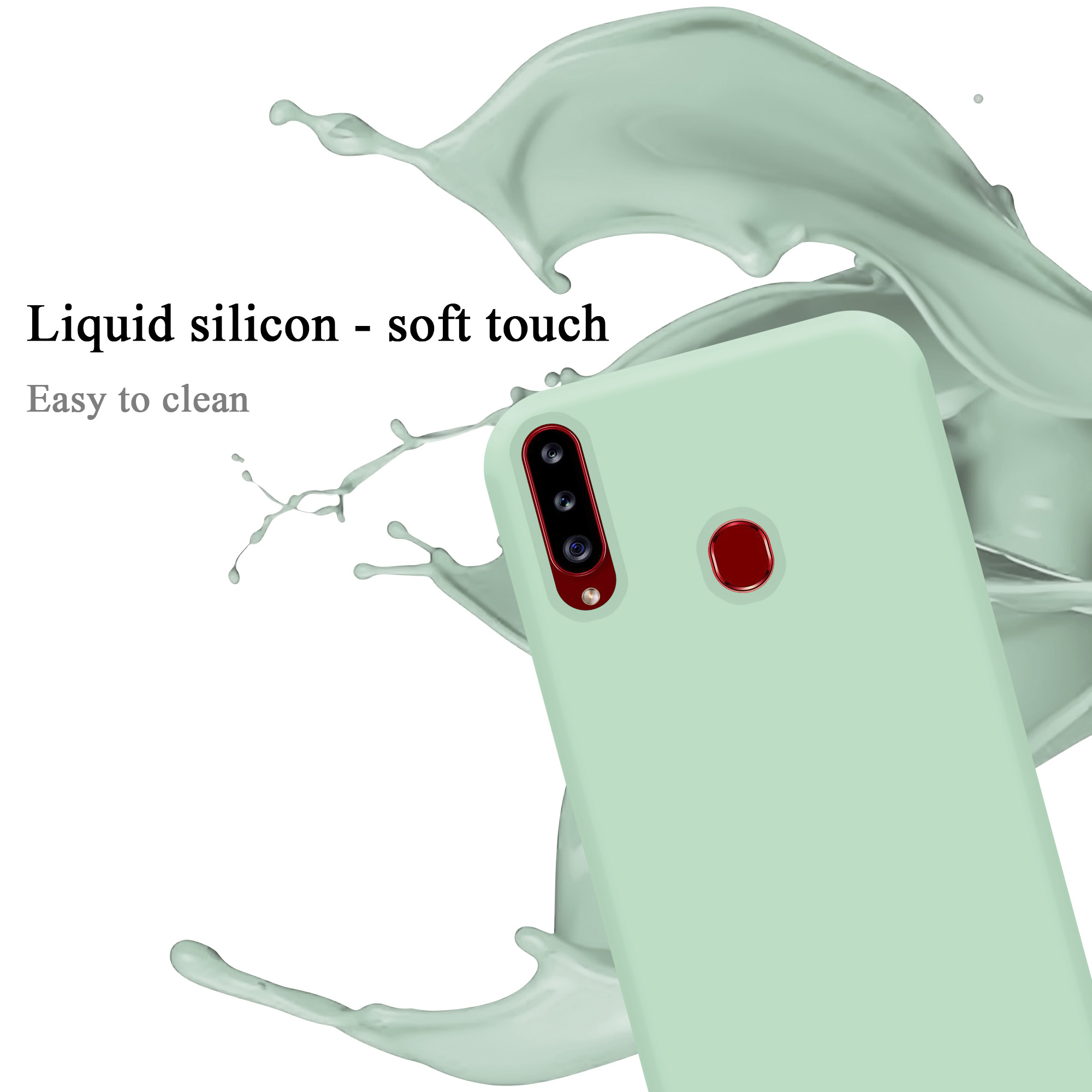 Primo piano di una custodia per telefono verde menta con tre obiettivi e un pulsante rosso, schizzo di liquido.