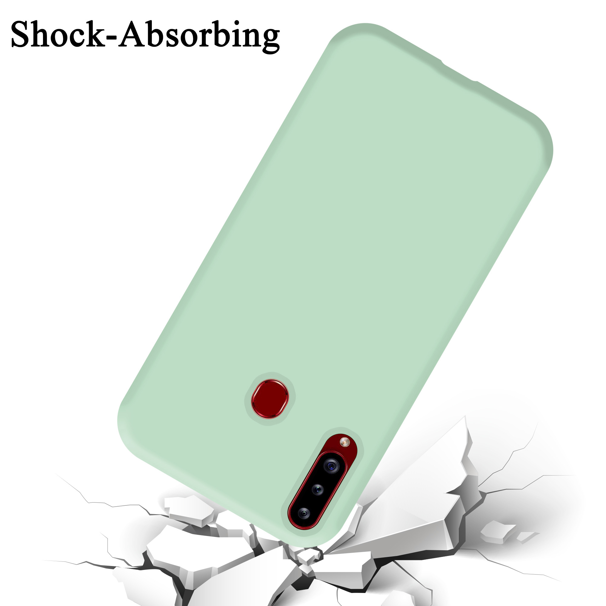 Una custodia per telefono verde menta sta cadendo, con crepe nel terreno. Il testo indica l'assorbimento degli urti.