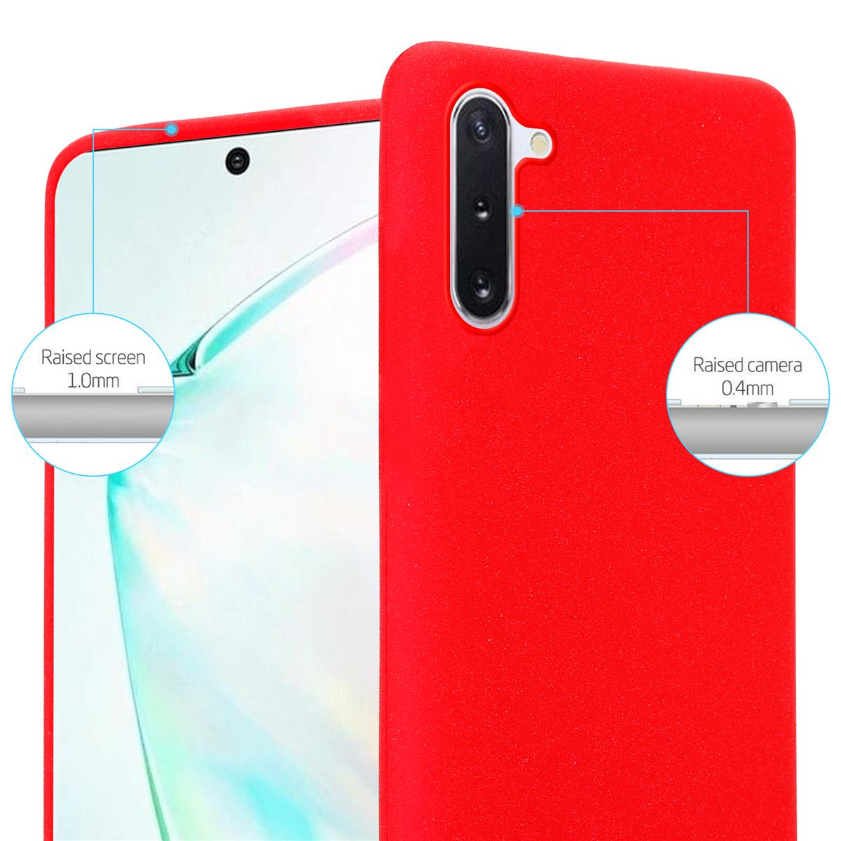Una custodia rossa per telefono con aree rialzate per schermo e fotocamera. Viste dettagliate con misure.