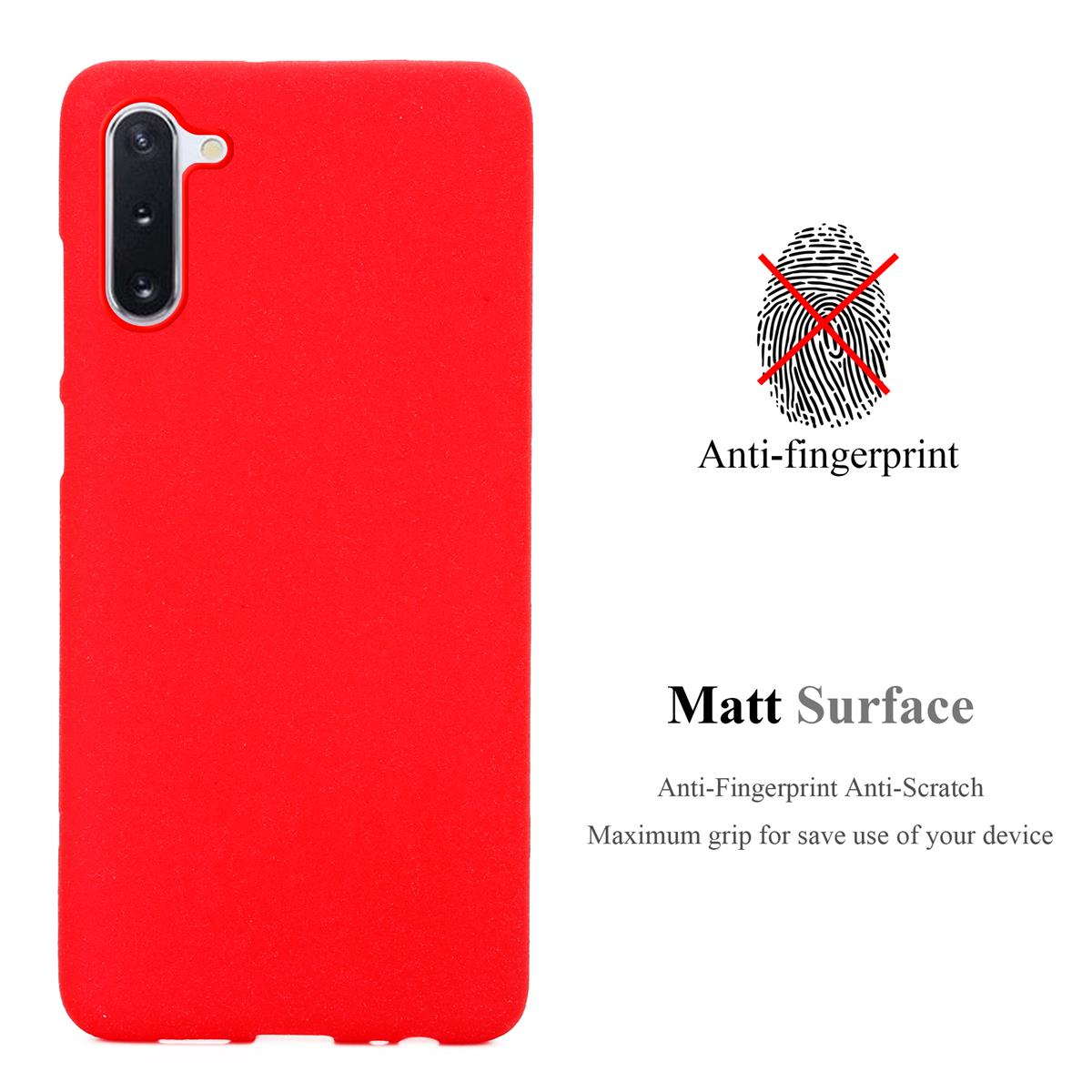 Custodia per telefono rossa. Il testo recita Anti-impronte digitali e Superficie opaca. Appare il simbolo impronte non consentite.