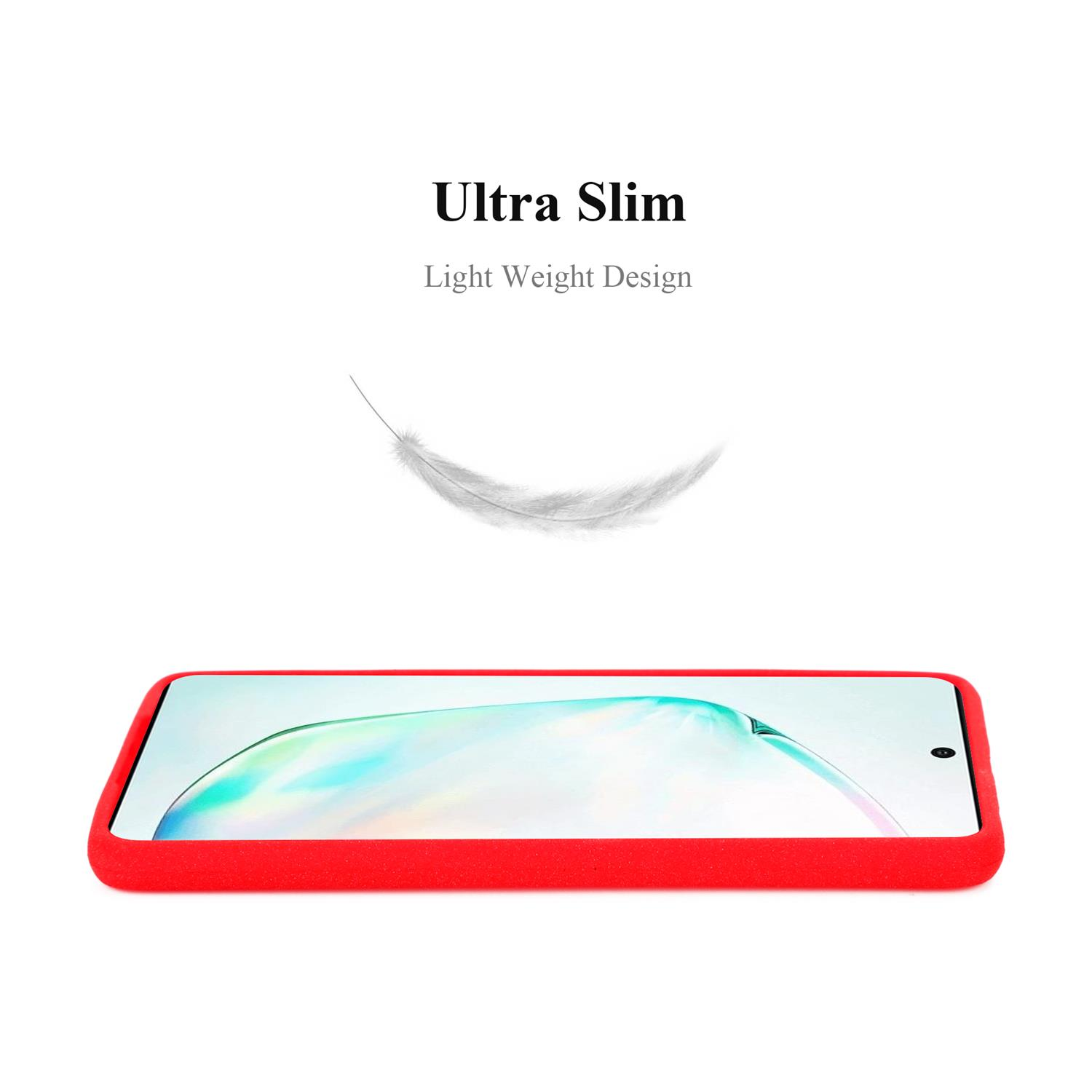 Custodia per telefono rossa con una piuma fluttuante sopra e testo: Ultra Slim, Light Weight.