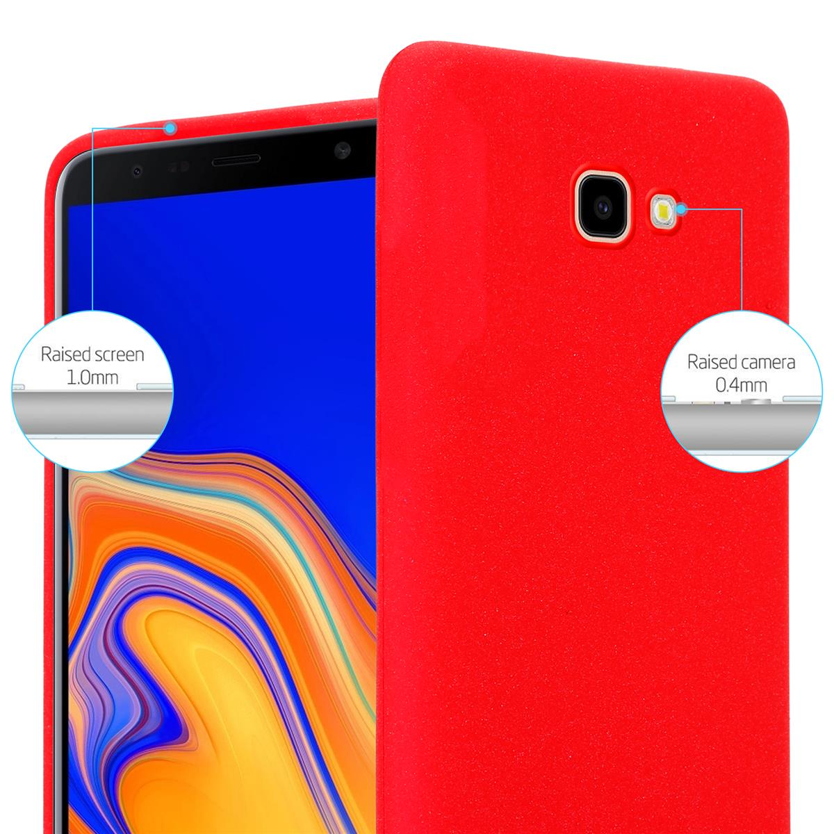 Una custodia per telefono rossa con fotocamera e schermo e fotocamera rialzati.