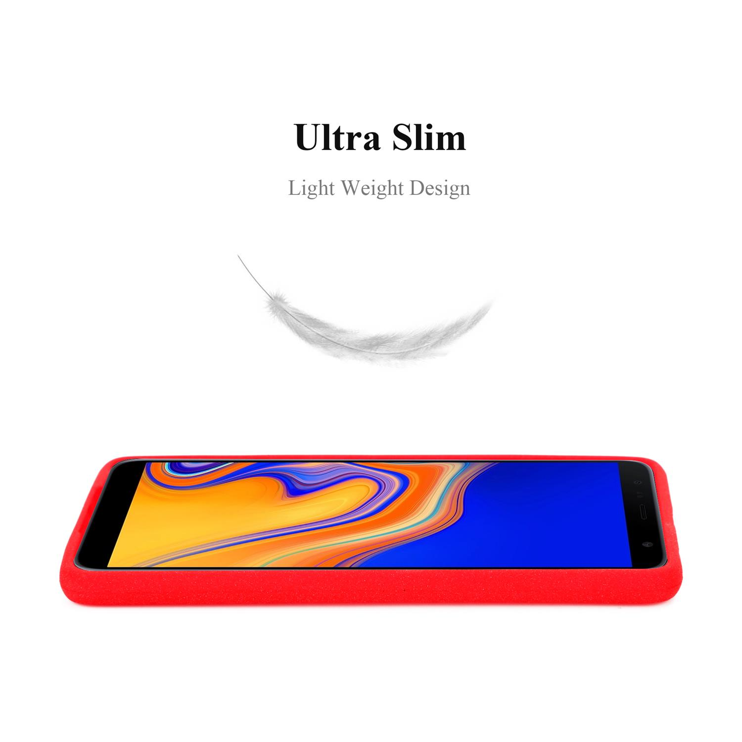 Custodia per telefono rossa, design ultrasottile. Testo: Ultra Slim, Light Weight Design. Piuma bianca.
