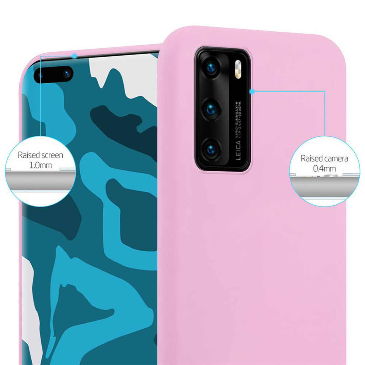 Custodia rosa per telefono con protezione schermo e fotocamera rialzate, su sfondo bianco, primo piano.