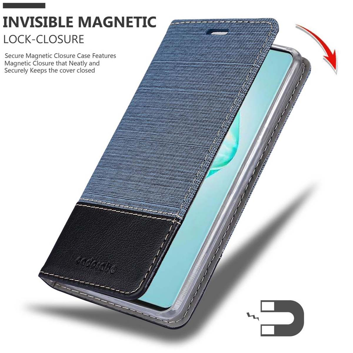 Una custodia per telefono con copertura effetto denim, pelle nera e chiusura magnetica.