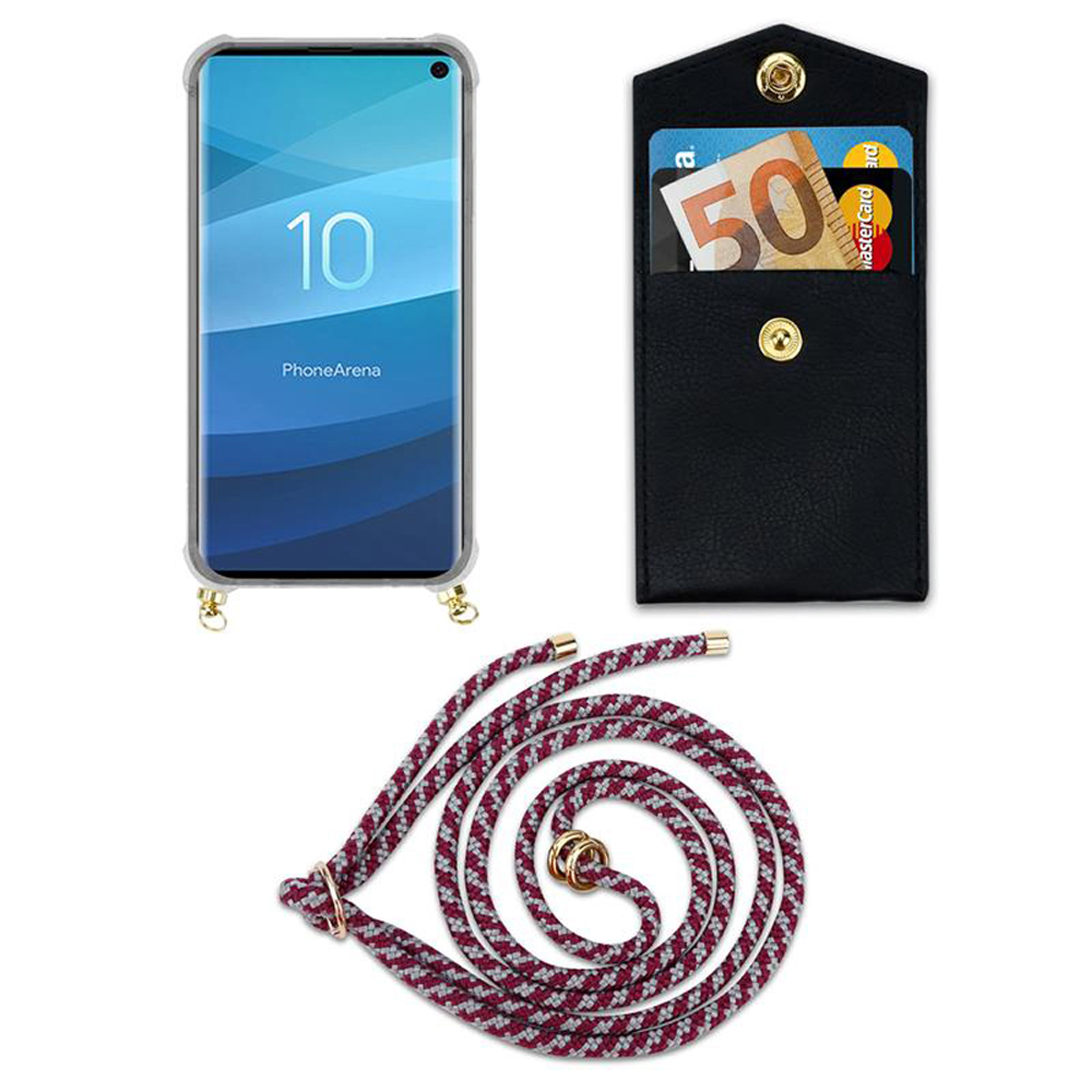 Un telefono in una custodia trasparente con un cordino al collo e un porta carte nero.
