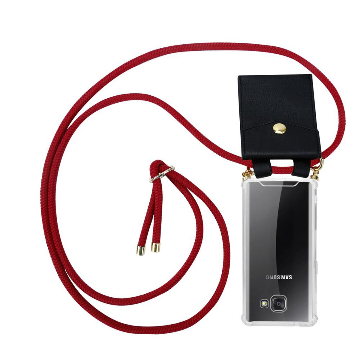 Un cordón rojo con una funda negra con botón dorado y una funda transparente para teléfono.