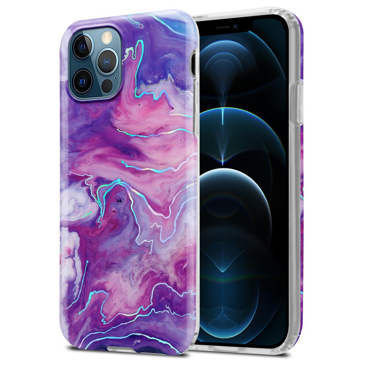 Zwei iPhone-Hüllen mit abstraktem lila und rosa Design. Eine offen, eine geschlossen.