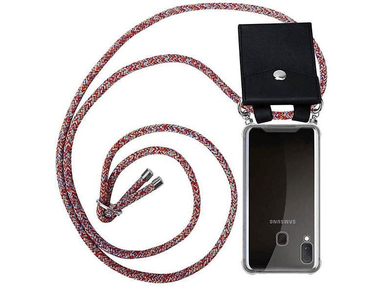 CADORABO Handy Kette mit Silber Ringen, Kordel Band und abnehmbarer Hülle, Backcover, Samsung, Galaxy A10e / A20e, COLORFUL PARROT