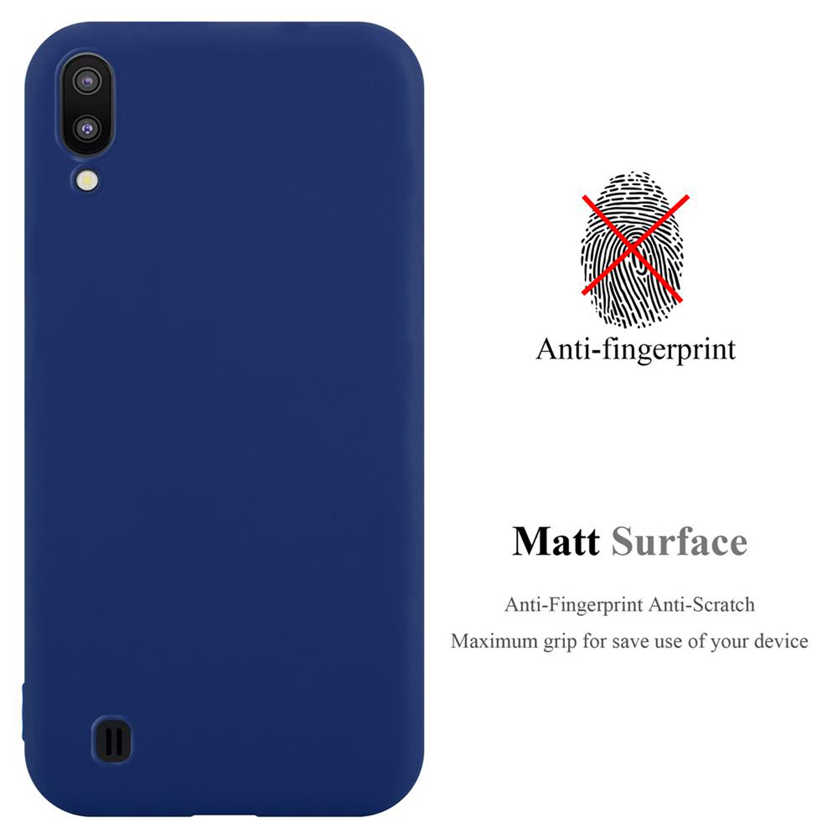 Una custodia per telefono blu navy con un design anti-impronta. Il testo recita 'Matt Surface' e 'Anti-fingerprint'.