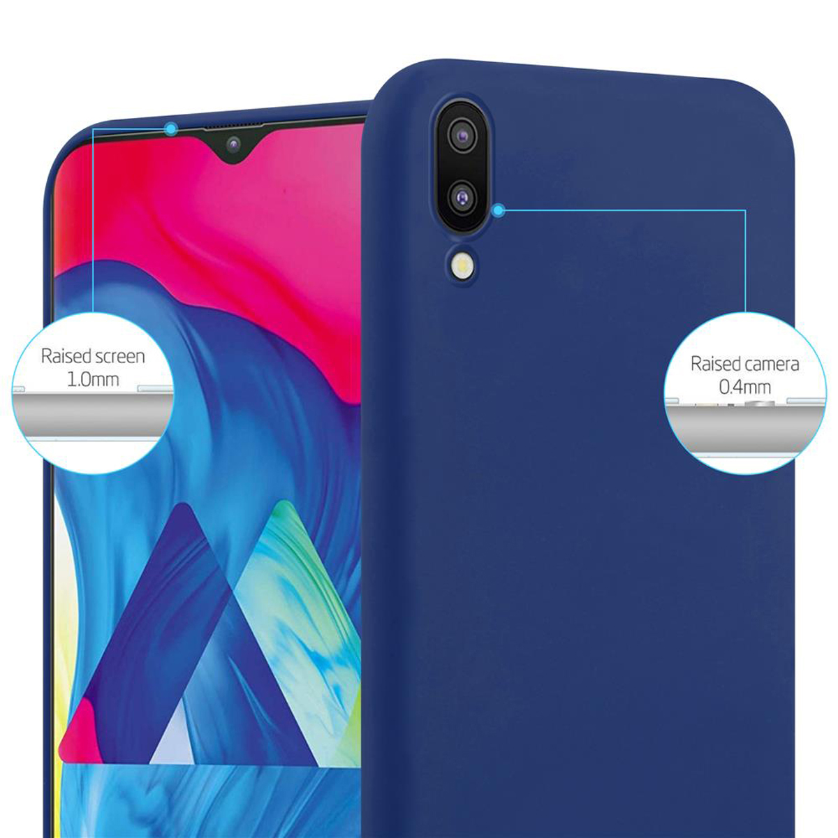 Primo piano della custodia blu del telefono. Dettagli schermo e fotocamera rialzati sono mostrati.