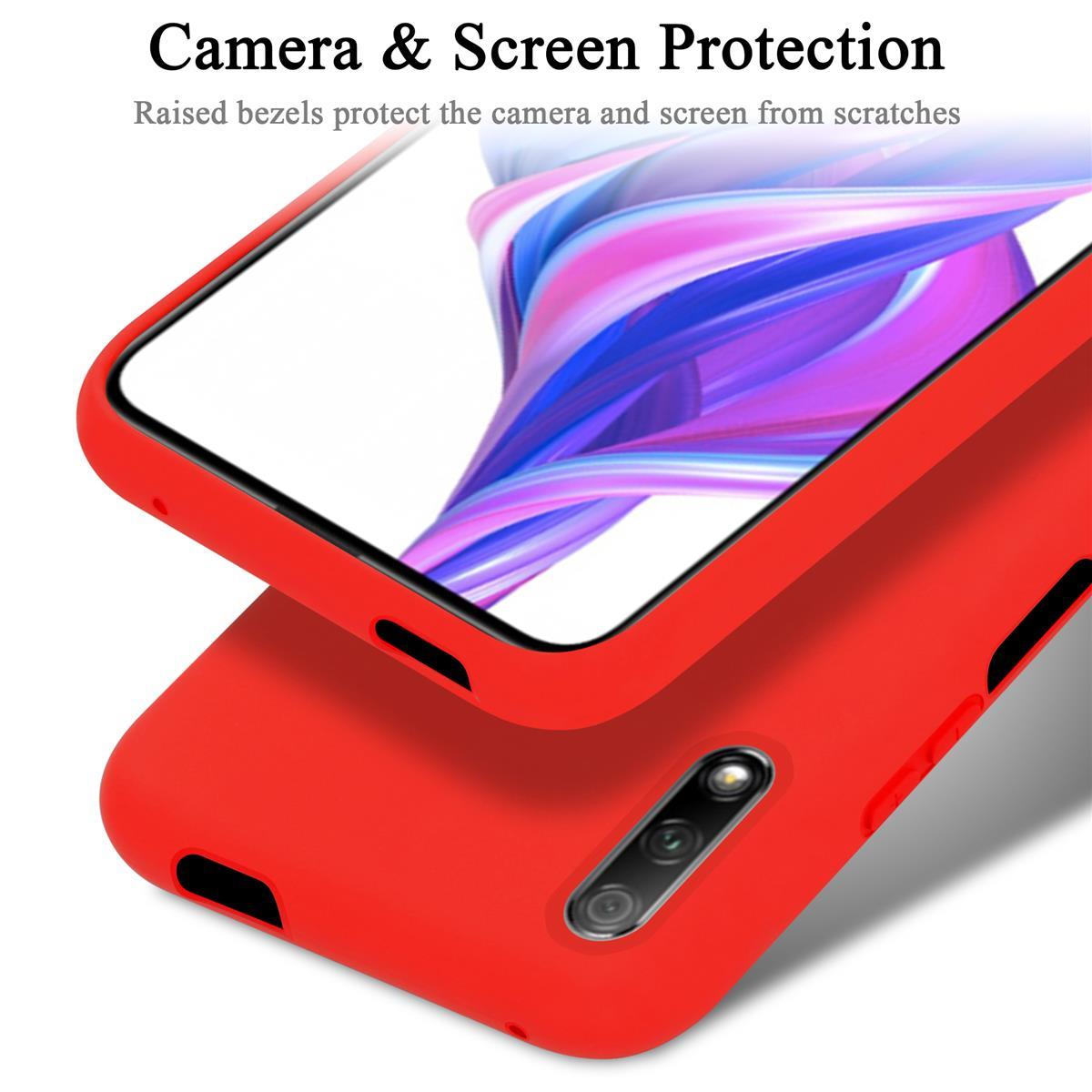 Funda roja con texto: 'Camera & Screen Protection' protegiendo la pantalla y la cámara del teléfono.