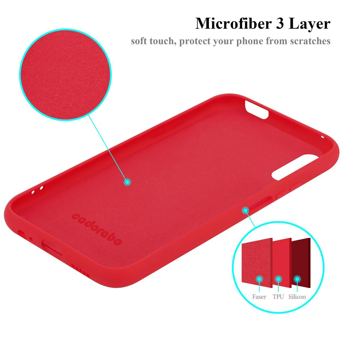 Funda de teléfono roja con un primer plano de la textura y un diagrama que muestra las capas.