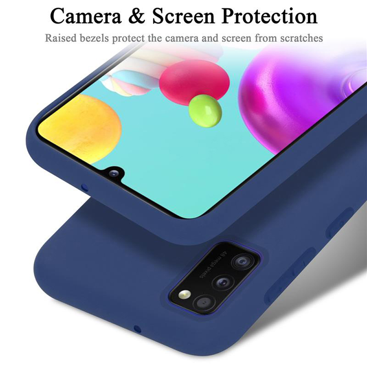 Una custodia blu per telefono con un telefono all'interno, con uno sfondo colorato visibile attraverso la fotocamera.
