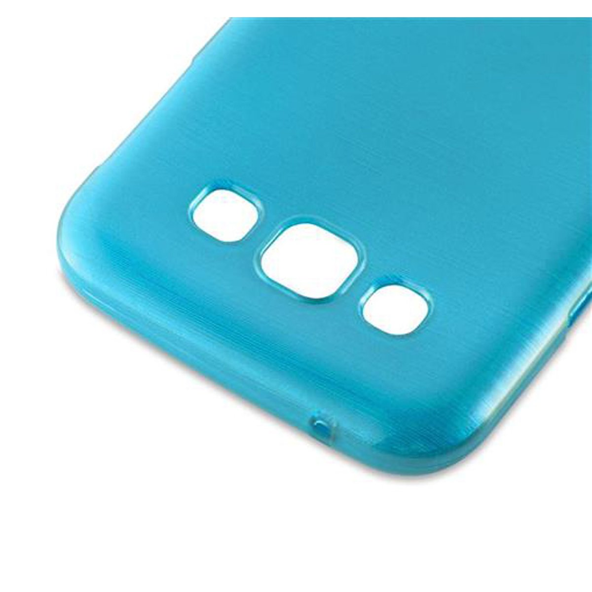 Custodia blu per telefono con tre fori circolari e vista angolare.