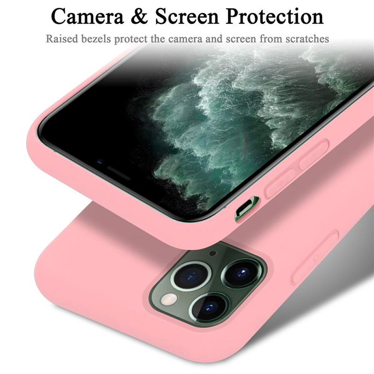 Eine pinkfarbene Handyhülle mit einem Telefon darin. Die Hülle hat erhöhte Blenden. Text sagt 'Camera & Screen Protection'.