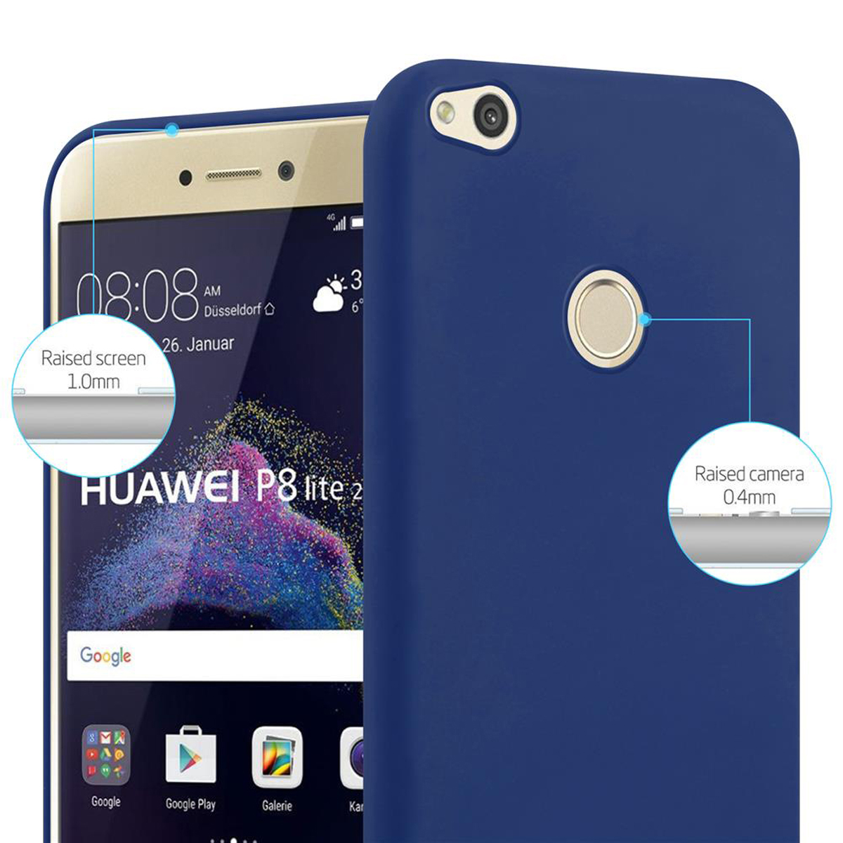Una funda azul para teléfono con un teléfono dentro. El texto dice 'Pantalla elevada 1,0 mm' y 'Cámara elevada 0,4 mm'.