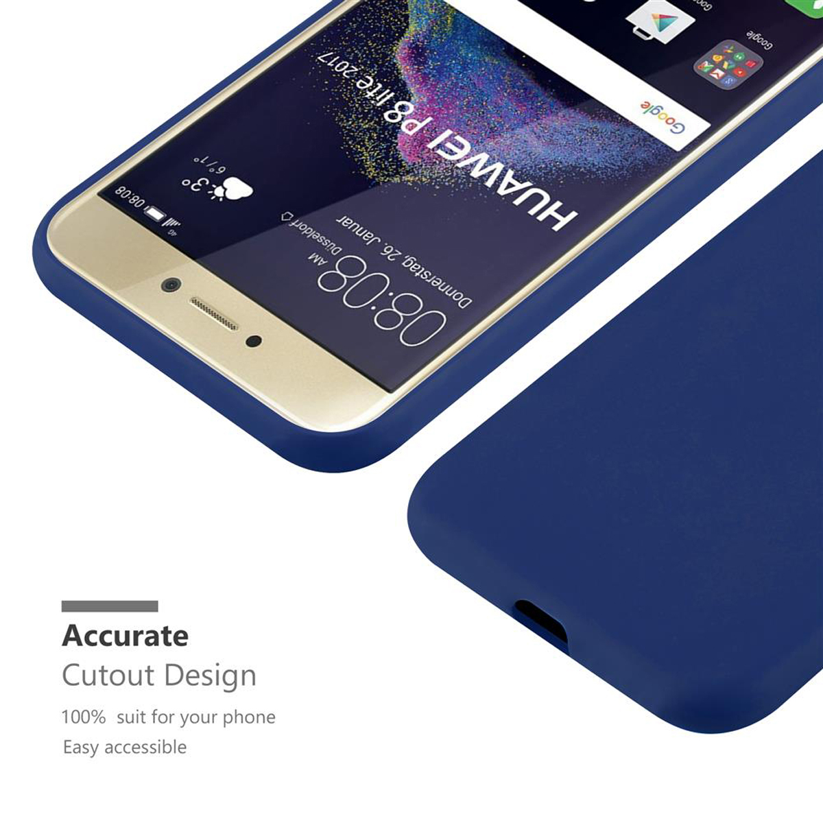 Una funda de teléfono azul con un teléfono en la pantalla. La funda está sobre un fondo blanco.