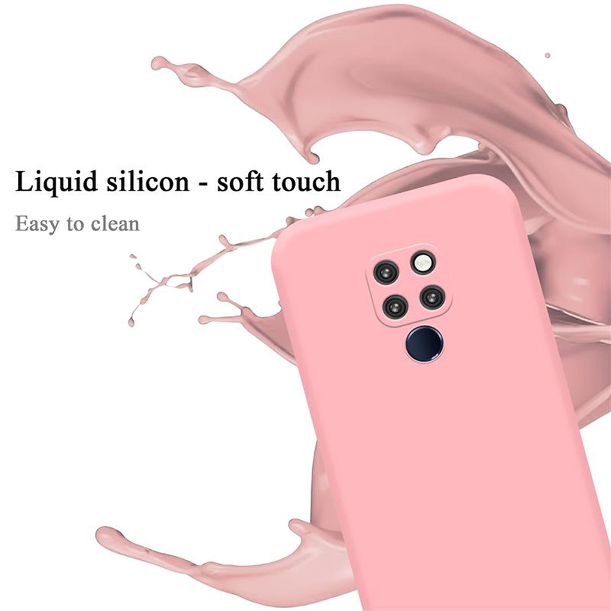Pinke Handyhülle mit Spritzer. Text: Flüssigsilikon, Soft-Touch, leicht zu reinigen.