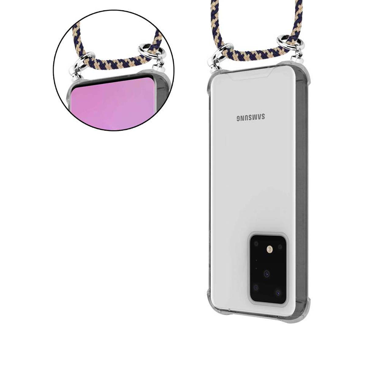 Telefono in custodia trasparente con cordino. Il retro ha il logo Samsung.