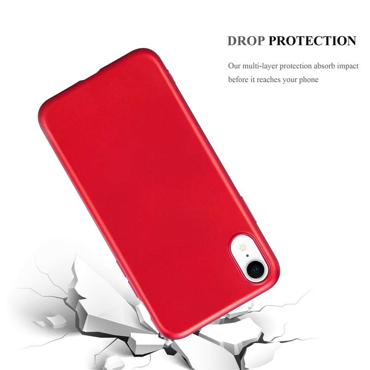 Custodia per telefono rossa, angolata, con effetto suolo incrinato. Sfondo bianco con testo 'DROP PROTECTION'.